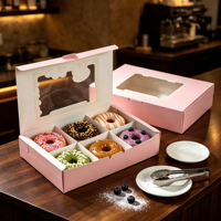 Ensemble d'emballages de boulangerie en carton pliable et recyclable avec logo personnalisé, poignée et ruban, impression quadricolore pour gâteaux et en-cas