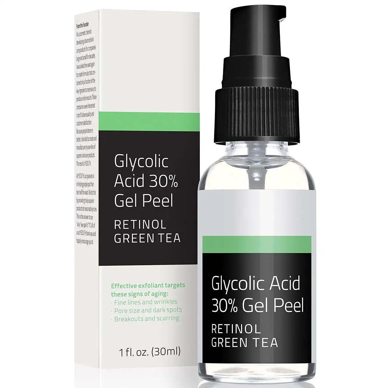 Private Label Glykol säure 30% Gel Peel Retinol Grüntee Poren Schrumpfendes Öl Kontrolle Akne Glykol säure Serum Gel Peel Serum