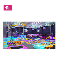 Aire de jeux intérieure sur mesure sur le thème cyberpunk avec trampoline, labyrinthe, piscine à balles, toboggan et parcours d'obstacles ninja