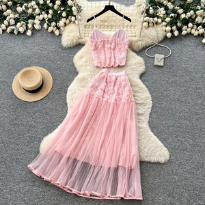 2026 Summer 2 Piece Set for Women Top and High Waist <b>Patchwork</b> Mesh <b>Skirts</b> Set - Product Image 6