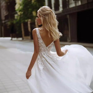 Wedding Dress A-Line Chiffon V-Neck Empire Waist Backless White Bridal Gown - Product Image 3