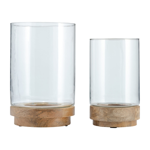 Porte-bougie cylindrique en verre avec base en bois pour la décoration de la maison, centre de table - Product Image 1