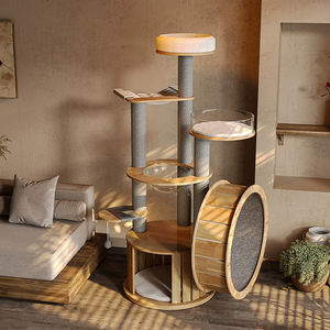 جهاز مشي فاخر للحيوانات الأليفة، برج تسلق للقطط مع عمود حبل من الورق المقوى وعمود سيزال وخشب مطاطي وعجلة تمارين - Product Image 1