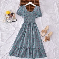 Robe Courte Florale Rétro Française 2026 pour Femme, Col Carré, Taille Haute, Manches Bouffantes, Style Doux pour le Printemps