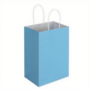 KM 16*8*22cm Bolsas de papel Kraft de fondo plano azul claro con asas retorcidas | Alimentos seguros y compostables - Product Image 1