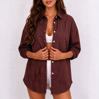 Chemise décontractée à rayures en polyester boutonnée pour femme, coupe ample, grande taille, manches longues, respirante, longueur standard, collection automne