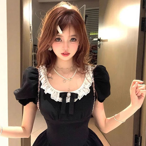 French Little Black Dress Square Neck Lace Trim Bow Puff Sleeve Slim Waist Short Skirt Women Vintage Breathable Leisure Dress - Product Image 3