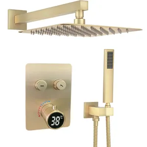 Soffione doccia a pioggia da 10 pollici in oro spazzolato con Display digitale sistema doccia con valvola termostatica a due vie con doccia portatile in acciaio - Product Image 1
