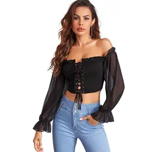Black Chiffon Long-sleeved Short Top Blouse With Strapless Front Strap
