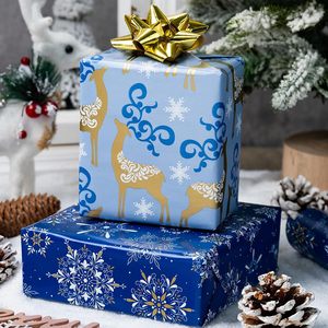 MAYPLUSS Christmas <b>Wrapping</b> <b>Paper</b> 17in X 33ft Navy Blue Snowflake Reversible Gold Reindeer Gift Wrap - Product Image 6