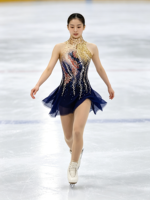 Robe de patinage artistique bleu marine et or, dos large ouvert, ornée de strass, pour la compétition et la performance
