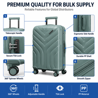Valise cabine rigide en polypropylène gris, texture ondulée, poignée latérale, assortiment de vente en gros