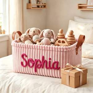 Panier pour bébé avec broderie personnalisée, bac de rangement en velours côtelé, décoration de chambre d'enfant, panier à couches pliable - Product Image 1