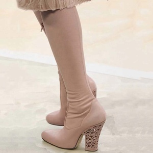 Retro Style Women Stretch Leather Knee High Boots <b>Round</b> <b>Toe</b> Cut Out Chunky <b>Heels</b> Shoes Girl's Side Zipper Long Booties - Product Image 3