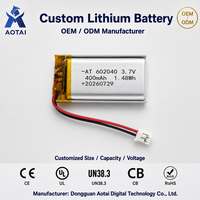 OEM ODM Kustom Baterai Lithium Polymer 602040 3.7V 400mAh Konektor JST Proteksi PCM Sensor Pelacak Kamera Mini Remote