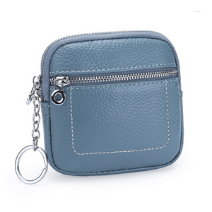 <span class=keywords><strong>Porte</strong></span>-<span class=keywords><strong>monnaie</strong></span> <span class=keywords><strong>carré</strong></span> en cuir véritable à double fermeture éclair pour mini-portefeuille, pochette avant, anneau de chaîne, portable, court, en nylon, unisexe - Product Image 5