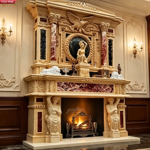 Caminetto in Marmo Beige YOUFINE con Colonne Corinzie e Statue di Aquile e Leoni per Villa di Lusso - Product Image 1