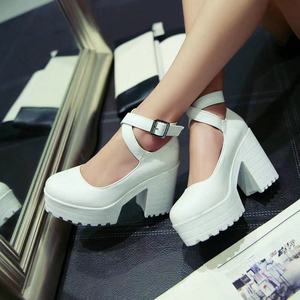 Women's Square Heel T-Strap Pumps Buckle Waterproof High Heels Pu Upper Solid Color Dress Shoes - Product Image 2