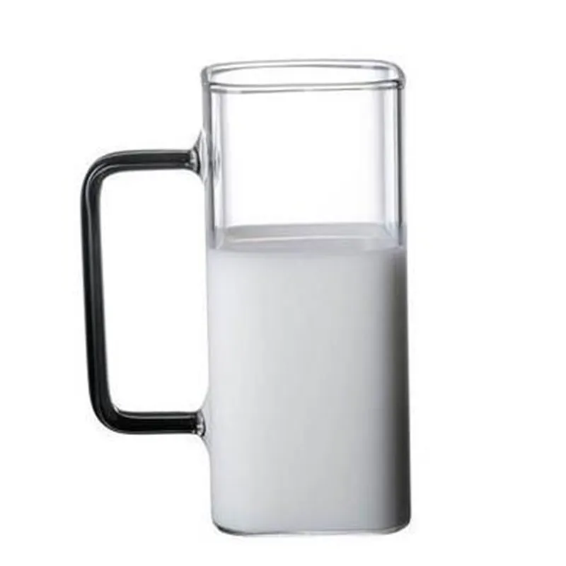 JM Copo de vidro para beber suco e bebidas frias caneca de leite com alça colorida em forma quadrada latas de vidro transparente para festas de vinho modernas -