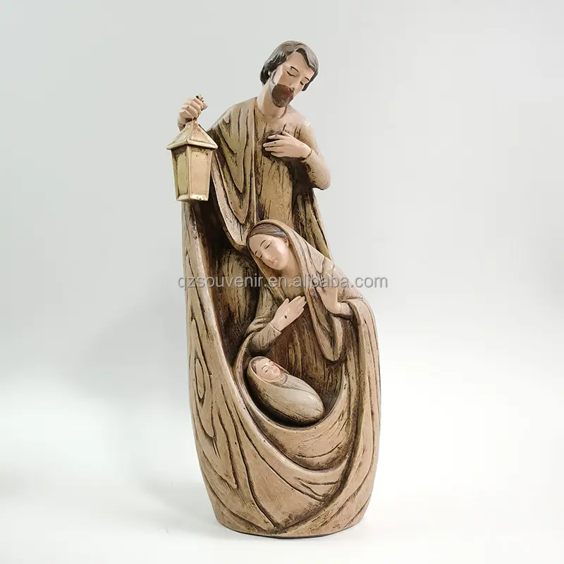 Resin Roman 12 "Ukiran Kayu Efek Keluarga Suci Set Figurine Hadiah Dekorasi Bayi Yesus Bunda Maria Ayah Malaikat dengan Patung Kelahiran