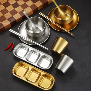 Juego de vajilla coreano de acero inoxidable, olla caliente, vajilla de barbacoa con plato de salsa, plato de inmersión, palillos, cuchara, taza, tazón - Product Image 1
