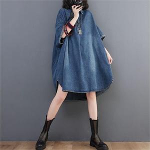 Personalizza mezza manica corta tinta unita al ginocchio con collo alto ampio abiti svasati asimmetrici in Denim di <span class=keywords><strong>cotone</strong></span> da donna - Product Image 4