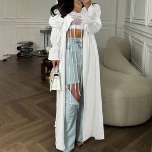 Manica a sbuffo 2025 alla moda abiti Casual in <span class=keywords><strong>lino</strong></span> di cotone bianco Cardigan lungo abito estivo <span class=keywords><strong>donna</strong></span> - Product Image 1