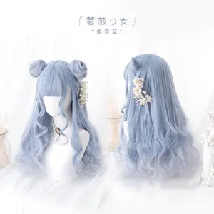 Ainizi Wig Sintetis Model Lolita, Mesin Gelombang Tubuh Biru 56Cm dengan Poni untuk Wanita