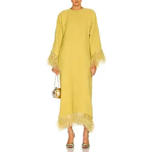 الأزياء الفاخرة تصميم عالية الجودة مخصص الأصفر ريشة ماكسي اللباس فساتين قفطان طويلة ثوب للنساء رداء