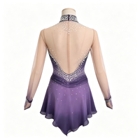 Robe de patinage artistique dégradé violet avec strass étincelants et manches longues transparentes pour enfants et adultes, idéale pour la compétition et les spectacles