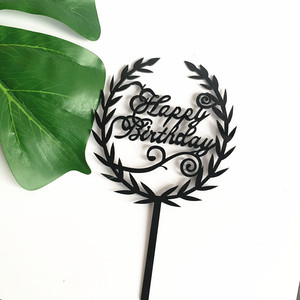 ท็อปเปอร์เค้กอะคริลิค ลายใบไม้ สีดำ ทอง ชมพู ฟ้า เงิน สำหรับตกแต่งเค้กในงานวันเกิด พร้อมข้อความสุขสันต์วันเกิด - Product Image 4