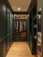 Système de dressing autoportant de luxe en bois vert forêt traditionnel avec éclairage LED et portes à battants, écologique, pour salle de sport et salon
