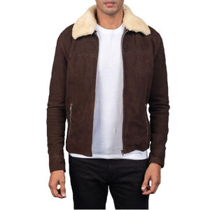 <b>Men's</b> Brown Suede Bomber <b>Jacket</b> With Faux Fur Collar Zipper Closure Winter Moto Style Thick Regular Fit - Product Image 1