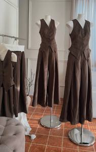 Ensemble chemise à manches courtes et gilet en tissu mélangé polyester, col en V, marron + pantalon droit, style formel, échantillon disponible - Product Image 5