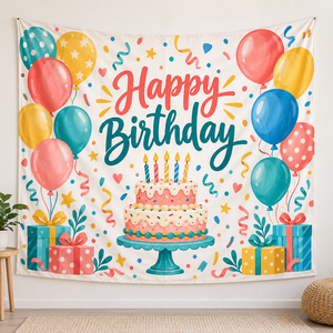Tapisserie murale Joyeux Anniversaire en polyester imprimé, design rectangulaire à motif de dessin animé, décoration pour fête et célébration - Product Image 1