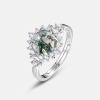 Livraison rapide, bague en argent délicate plaquée rhodium, bague de promesse de mariage, agate mousse naturelle ovale, bijoux en argent sterling 925