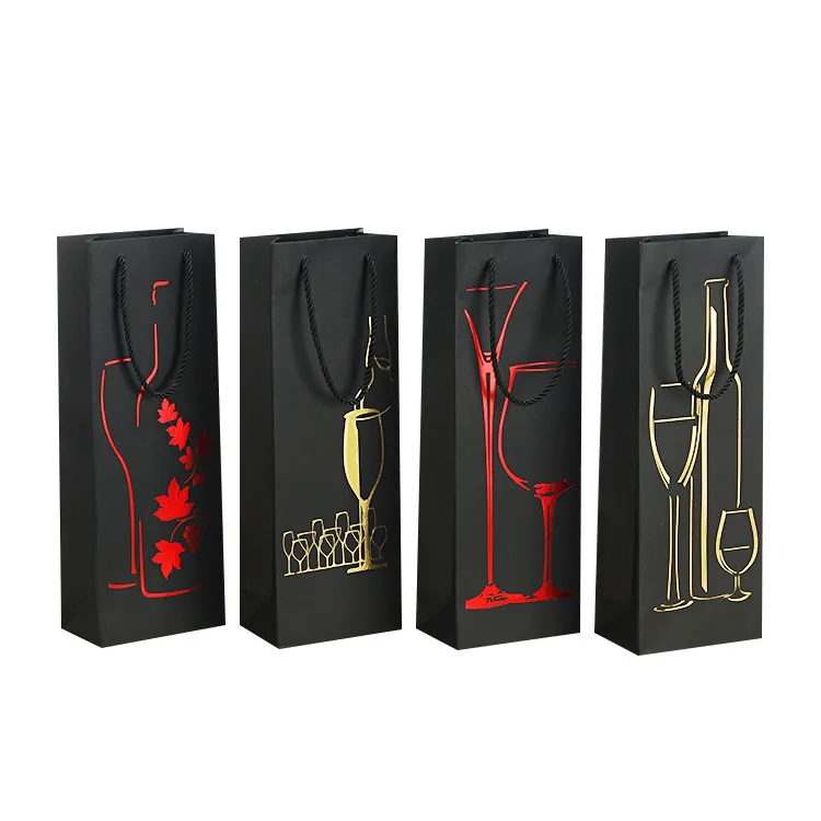 Портативный черный картонный бумажный пакет для вина, подарочная упаковка, золотая, серебряная фольга, горячее тиснение, Пользовательский логотип, винный пакет для бутылок