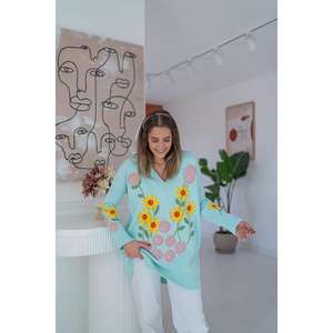 Suéter de Mujer con Bordado Floral Azul, Informal, de Manga Larga, Tejido Antipilling - Product Image 2