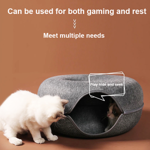Nid de <span class=keywords><strong>chat</strong></span> pliable en feutre 2 en 1 Donut amovible et tunnel semi-<span class=keywords><strong>fermé</strong></span> Peekaboo Cat Cave Bed Paniers de rangement pour animaux de compagnie - Product Image 3