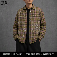 Kemeja Flanel Mewah Vintage High Street Grunge Y2K Berhias Berlian Imitasi Motif Bintang Kotak-kotak 320g Distressed Oversized Kancing Depan Katun Custom