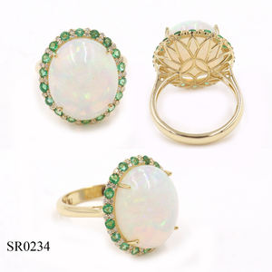 Anillo de oro de 14 quilates con ópalo (ovalado) de 9.86 CT, esmeralda (redonda) de 0.56 CT y diamante blanco (redondo) de 0.18 CT, anillo con piedra preciosa de ópalo, anillos de oro de 14K. - Product Image 2