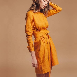 <span class=keywords><strong>Abito</strong></span> <span class=keywords><strong>Estivo</strong></span> in <span class=keywords><strong>Lino</strong></span> per Donna, Vestito Midi con Collo a Girocollo e Cintura - Product Image 3