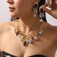 Boucles d'oreilles géométriques rétro européennes et américaines en perles et pierres précieuses, collier pendentif créatif en résine et alliage acrylique ZA