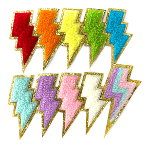 Parches de chenilla con diseño de rayo, multicolor, bordados tipo toalla, termoadhesivos, con borde de purpurina dorada, para ropa universitaria, al por mayor - Product Image 2
