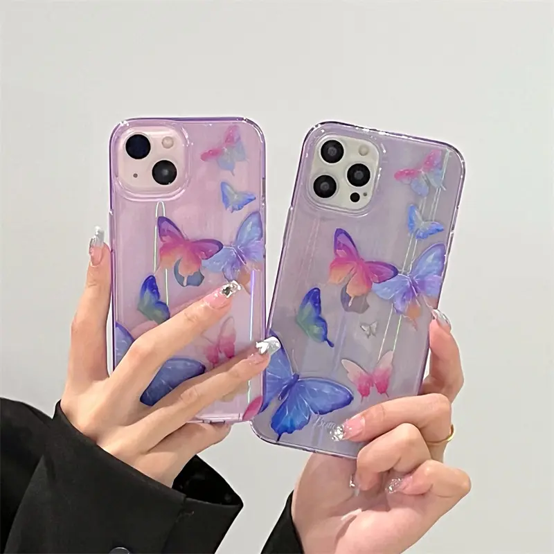 Korean laser aurora purple cute butterfly phone case for iphone 14 13 12 11 pro max silicone shockproof cover