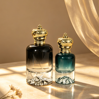 Flacon de parfum en verre personnalisé de luxe, 30/50/100 ml, cylindrique, dégradé de couleurs, fond épaissi effet montagne enneigée, bouchons dorés en forme de couronne