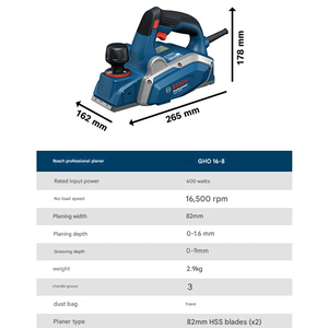 Cepilladora Eléctrica Profesional Bosh <span class=keywords><strong>GHO</strong></span> 16-82 |   Cepilladora de madera con cable de 82 mm de ancho para alisado y chaflanado de alta resistencia - Product Image 5
