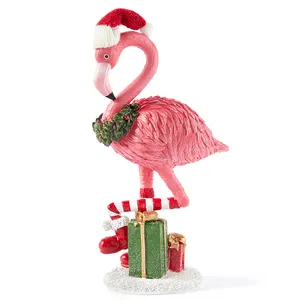 BSCI工厂聚树脂粉色火烈鸟圣诞老人帽子圣诞节日装饰品