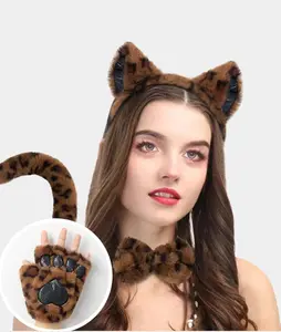 Set di fasce per capelli con orecchie di gatto accessori decorativi cosplay guanti con artiglio e coda con papillon fascia per capelli tre colori set per gatti