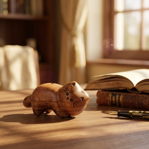 Figura Decorativa de Gato Acostado en Madera de Acacia Vintage, Mini Difusor de Aroma de Madera Natural, Adorno de Animalito para Escritorio, Coche o Interiores - Product Image 3